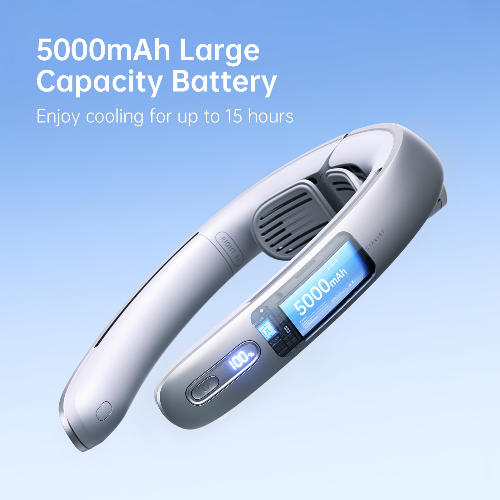 JISULIFE Portable Neck Fan, Upgraded 100 Speeds Personal Bladeless Fan Wearable with Neck Brace, LED Display, 5000mAh Rechargeable Battery Operated, Gifts for Women Men-Grey