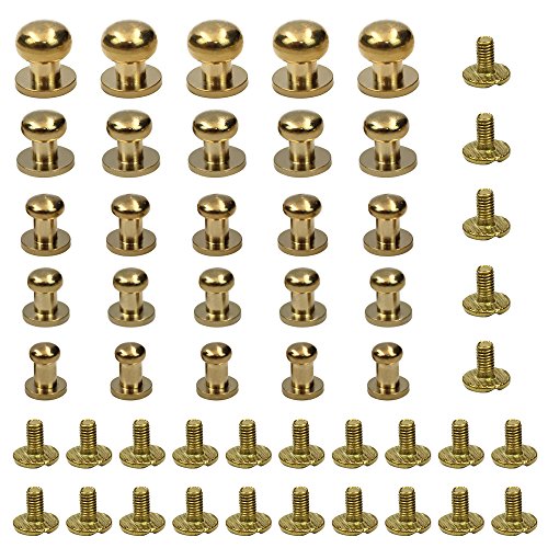 M-Aimee 25 Sets Sam Browne Solid Brass Round Button Studs,Leather Craft Belt CHICAGO SCREWS SOLID BRASS Studs Nail Rivets DIY for Belt Wallet Handbag(5 Sets per size)