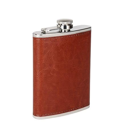 MENZY Leather Wrapped Stainless Steel Liquor Bottle or Wine Whiskey Alcohol Drinks Holder Pocket Hip Flask for Men - Brown, 7 oz (210 ml)