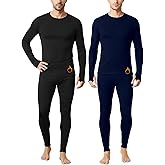 Patelai 2 Pack Mens Thermal Underwear Fleece Lined Underwear Shirt and Pants Set Base Layer Top Bottom Cold Weather Winter