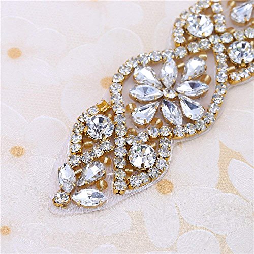 FANGZHIDI Bridal Rhinestone Appliques, 23.4 Inches Gold Beaded Patches with Sparkle Clear Crystal Stone and Pearls- Best for DIY on Wedding Dress, Sew on or Iron on Bridal Belt Sash, Wedding Cake