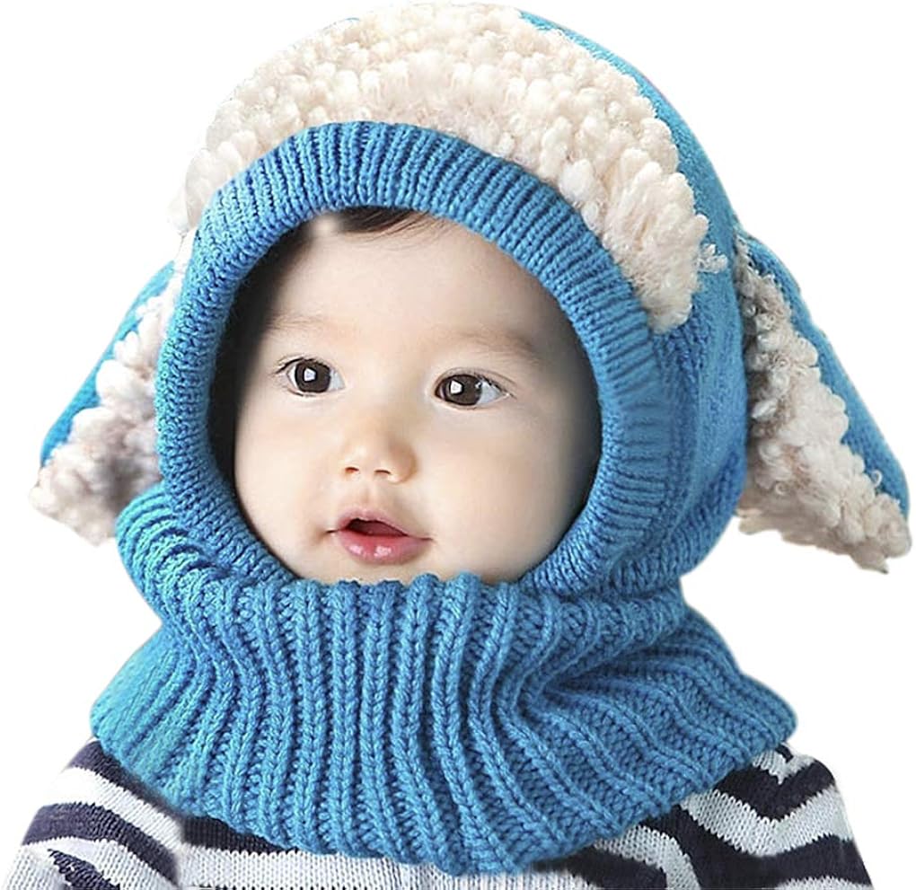 Toddlers Hat Scarf Set in One Infant Boy Girl Animal Coif Hood Cap Winter Warm Knitted Cartoon Pattern Neck Collar Head Wraps Cute Long Ears Kids Outdoor Thick Crochet Cotton Snood Shawl Xmas Gift Kit