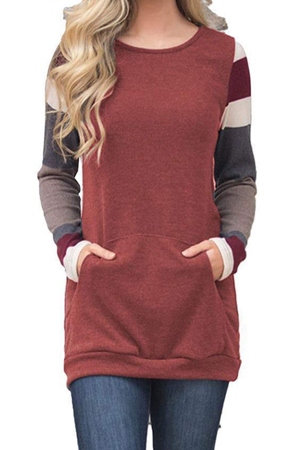 IMIDO Womens U Neck Tops Striped Color Block T-Shirts Casual Pullover Lightweight Long Sleeve Tunic Blouses (M, B-Wine Red)
