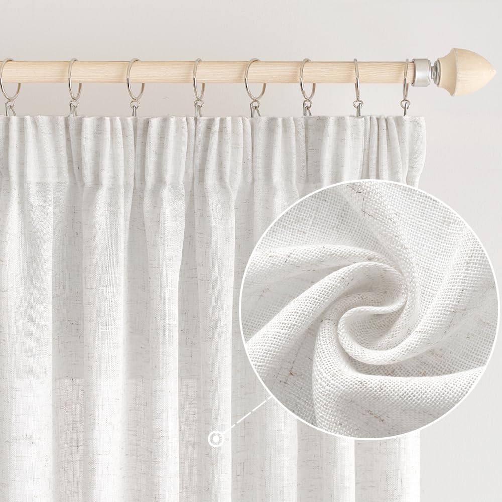 EMEMA Curtains Linen Look Modern Semi-Transparent Tab-Top Curtains, 2 Pack, Pure White, W 55.1" x L 88.6" (140 x 225 cm), Kitchen, Living Room