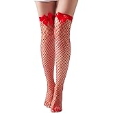CZRHGG Christmas Thigh High Stockings for Women, Bow Tie Knee High Fishnet Tights Sexy Santa Hosiery Red Onesize 2-8