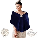 Jadive Women's Faux Fur Shawl Wrap Fake Fur Stoles Scarf Shrug Bridal Winter Wedding Evening Dress with 2 Rhinestone Brooches