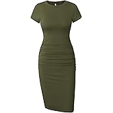 Missufe Women's Short Sleeve Ruched Casual Sundress Midi Bodycon T Shirt Dress