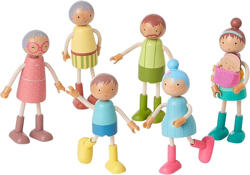 Giant bean Wooden Family Dolls Set of 7 for Dollhouse Pretend Play