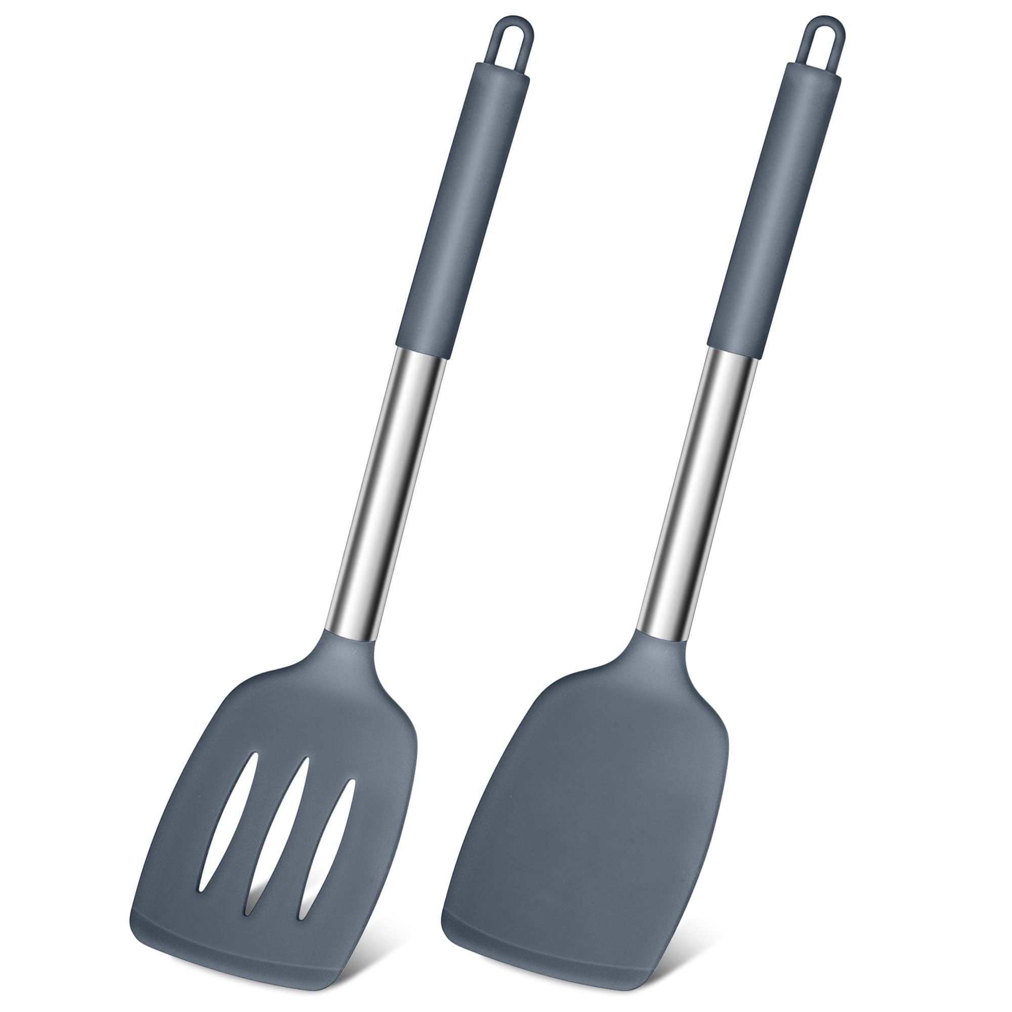 Joyfair Silicone Spatula, Stainless Steel Spatula Pack of 2, Cooking Turner/Non Stick Kitchen Slotted Utensil Set Ideal for Fish, Eggs, Pancakes, Heat Resistant & Dishwasher Safe, Grey