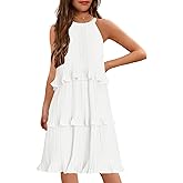 HOSIKA Girls Halter Neck Dresses Summer Sleeveless Ruffle Tiered Layered Chiffon Pleated A Line Swing Midi Dress for 6-12 Y