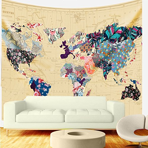 Bonnie Bone Floral Watercolor World Map Tapestry Colorful Printed Wall Hanging For Living Room Bedroom Dorm Home Decor (M:51.18