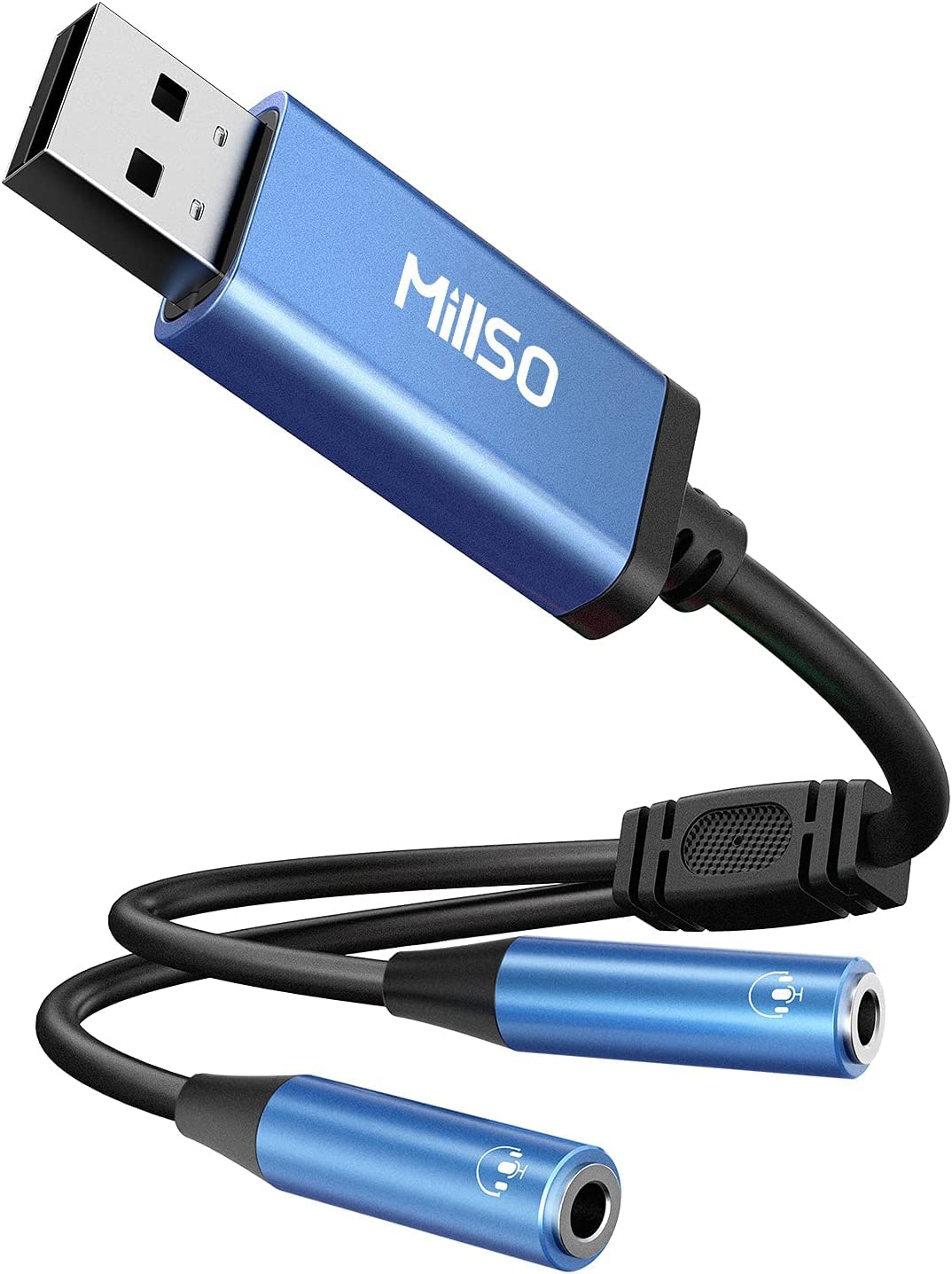 MillSO USB to Dual 3.5mm Audio Jack Adapter, Sapphire Blue TRRS External Stereo Sound Card Headphone Stereo Jack Splitter for Two Headphones, Speakers to a PC, Laptop, Desktop, PS4, PS5- 1 Feet