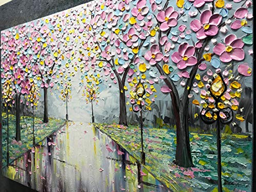 Amei Art Paintings,24x36Inch 3D Hand-Painted Modern Abstract Street View Landscape Artwork Cherry Blossom Tree Oil Painting on Canvas Home Decor Wall Art Wood Inside Framed Ready to Hang