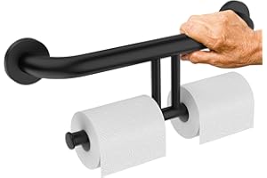 Grab Bar w/Double Toilet Paper Roll Holder Black, iHansee Stainless Steel Shower Support Handle Balanced Support Bars, Wall Mounted Safety Handrail Grab Rail for Elderly Senior Handicap Disabled