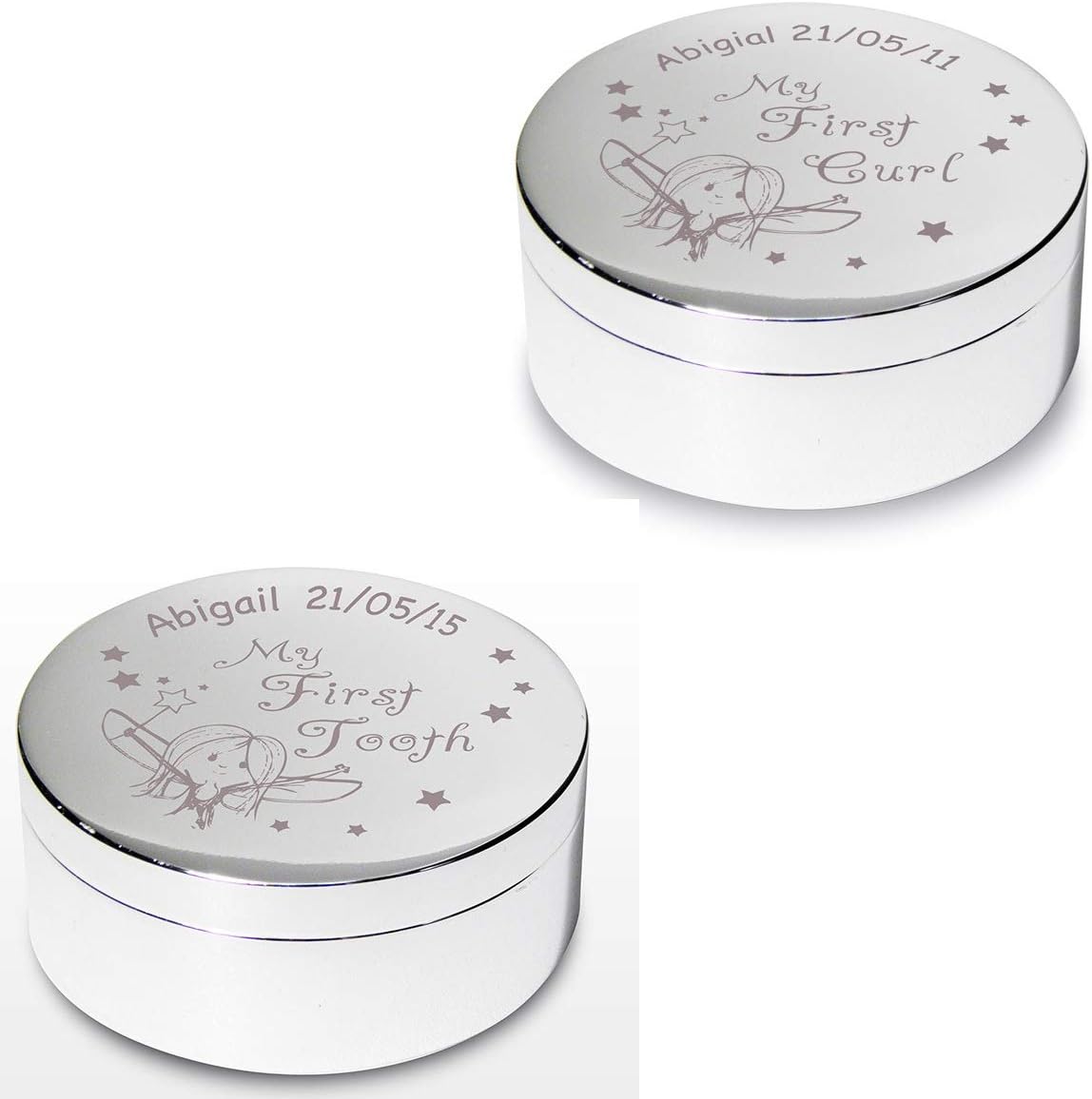 Engraved Personalised Fairy My First Tooth & Curl Trinket Box - Silver Plated with Keepsake Gift Box