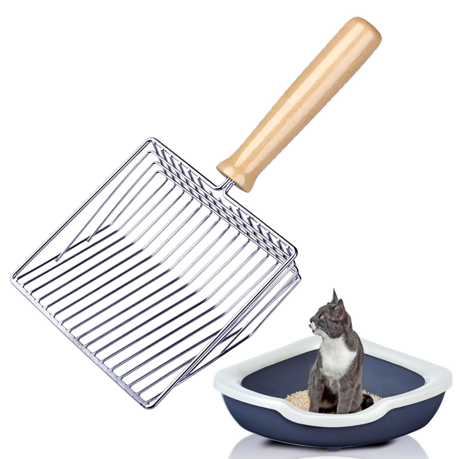 Wubushan Cat litter scoop, Metal litter scoop, Cat scoop with wooden handle, hole spacing 7mm, length 28cm, litter tray scoop, cat scoop for litter box