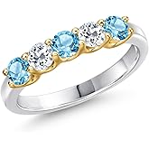 Gem Stone King 10K 2 Tone Gold Swiss Blue Topaz and White Topaz Wedding-Bands Ring For Women | 1.03 Cttw | Round 3.5MM | Gemstone November Birthstone