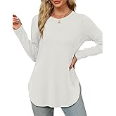 XIEERDUO Womens Long Sleeve Round Neck Shirts Side Split Basic Loose Tunic Tops Casual 2025
