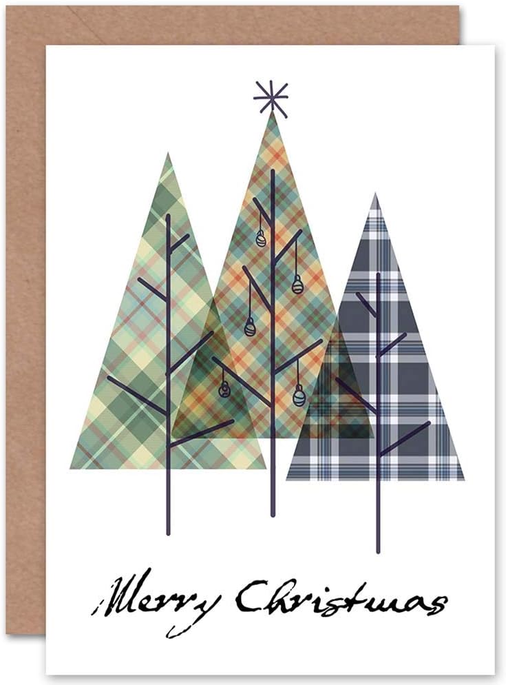 Wee Blue Coo CARD CHRISTMAS XMAS MERRY TARTAN DESIGN TREES SCOTTISH GIFT, 17.5 x 12.5 cm