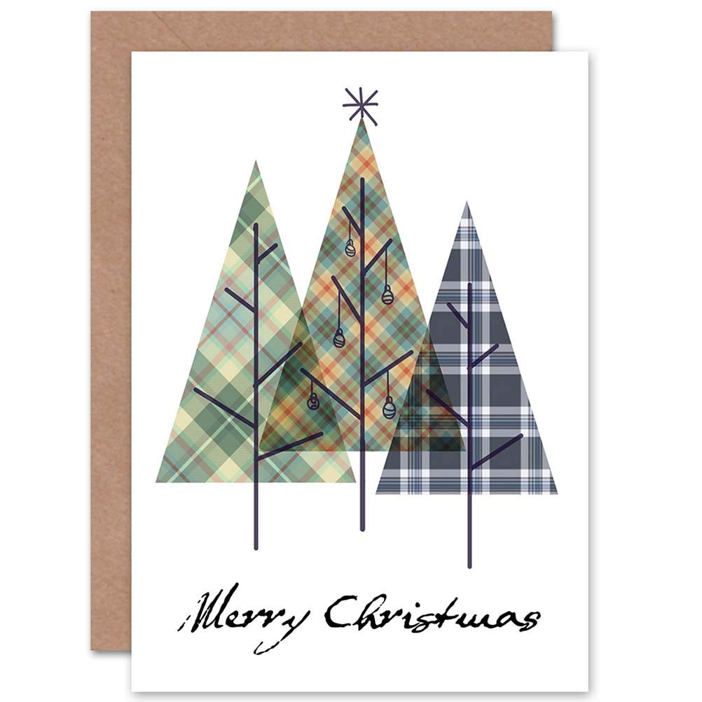 Wee Blue Coo CARD CHRISTMAS XMAS MERRY TARTAN DESIGN TREES SCOTTISH GIFT