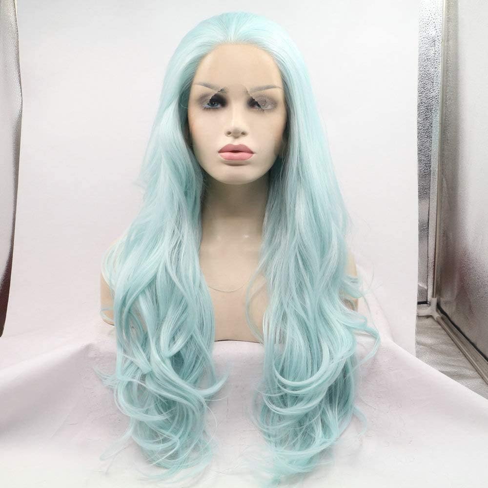26 Inches Mint Blue Synthetic Lace Front Wig Long Body Wave Baby Blue Lace Wigs for Women Party Queen Wig