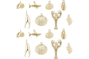 SUNNYCLUE 1 Box 54g Real 14K Gold Plated Charms Bulk Gold Summer Ocean Charm 16Pcs Sea Theme Marine Life Charms Starfish Shell Charm Pendant for DIY Christmas Earring Bracelet Jewelry Making Supplies