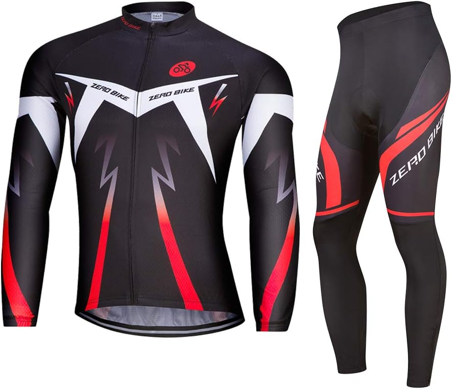 Men's Long Sleeve Breathable Cycling Jersey Set, Outdoor Sports Biking Shirt Biking Cycle Tops Racing Bicycle Clothes with 3D Cushion Padded Pants