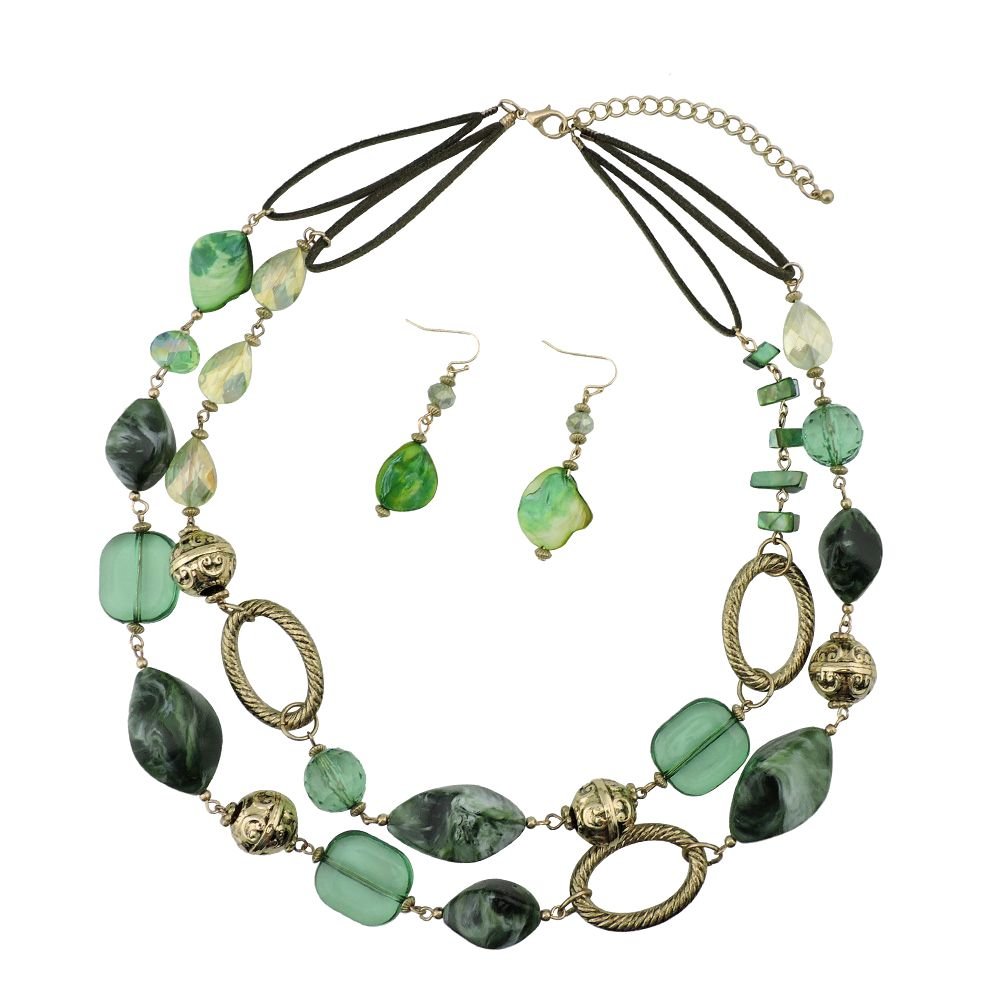 BOCAR 2 Strand Statement Choker Shell Necklace and Earring Set for Women Gift (NK-10370-green)
