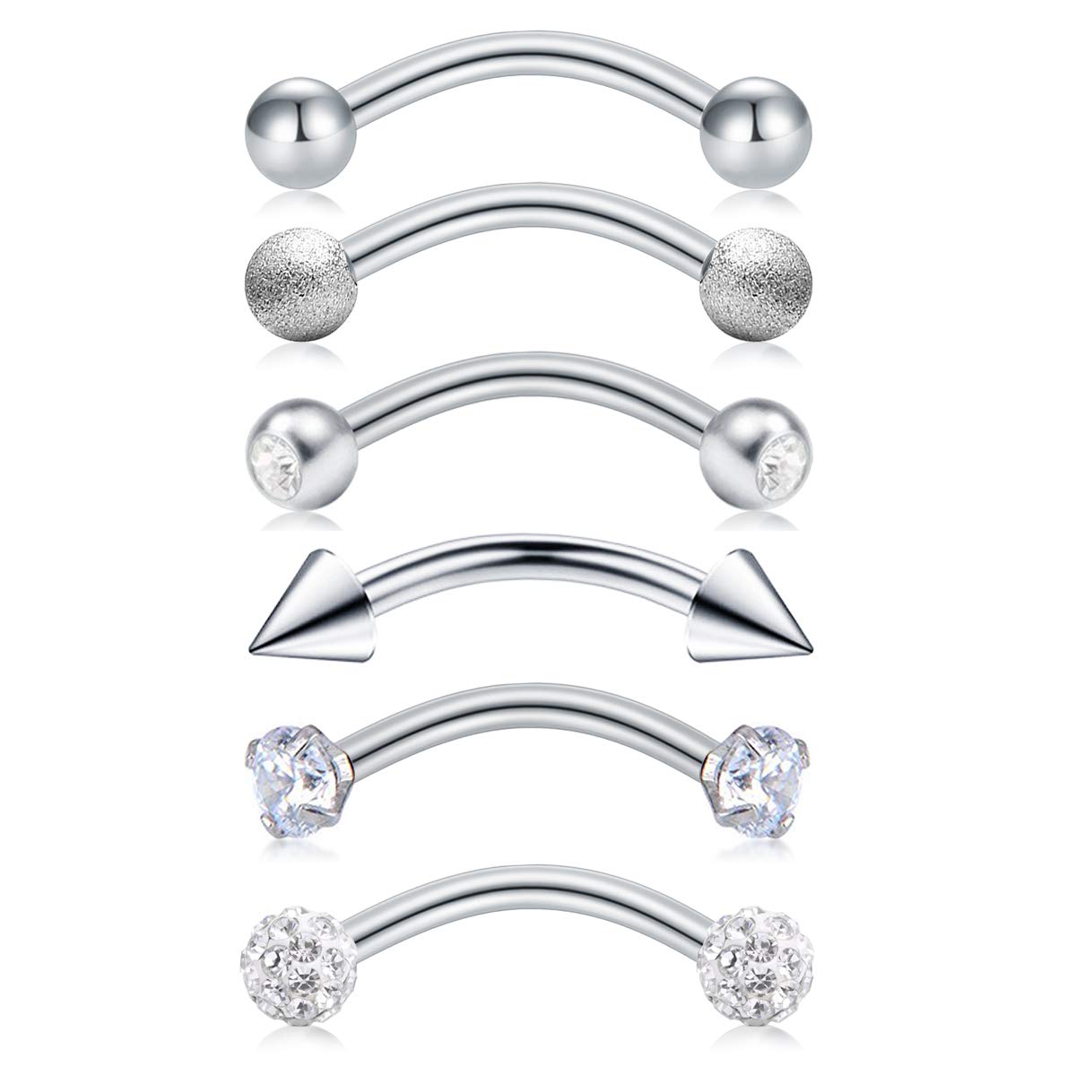 JFORYOU 6Pcs 16G Stainless Steel Eyebrow Piercing Rings CZ Curved Barbell Rook Daith Piercing Body Jewelry Silver