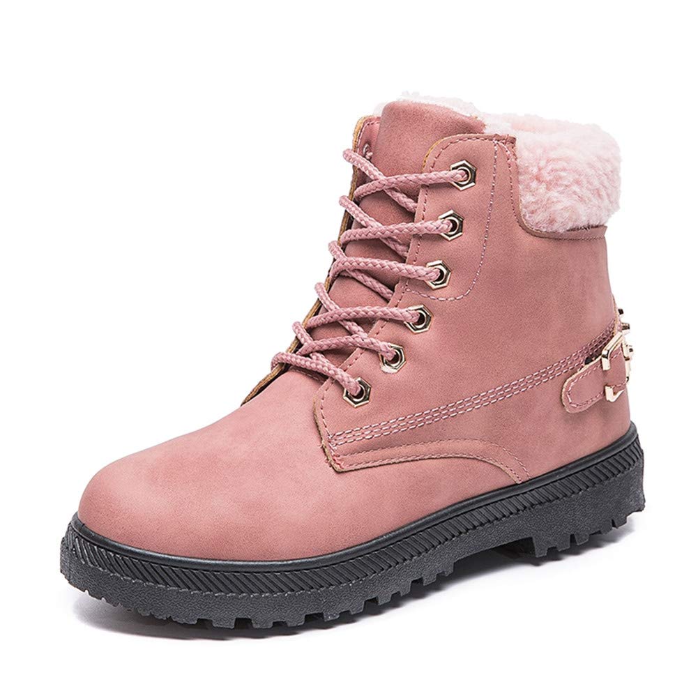 Women's Winter Snow Boots Lace Up Leather Low Heel Work Combat Ankle Bootie Round Toe Waterproof Anti-Slip Hiking Trekking Walking Shoes