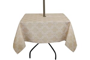 ColorBird Elegant Moroccan Outdoor Tablecloth Waterproof Spillproof Polyester Fabric Table Cover with Zipper Umbrella Hole for Patio Garden Tabletop Decor (Square 60 x 60 Inch, Zippered, Khaki)