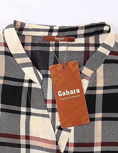 Gaharu Blouses For Women, Ladies Vintage Blouse Cuff Sleeve Pleated Front Curved Hem Buffalo Plaid Tunic Blouses For Work Black Beige,X-Large