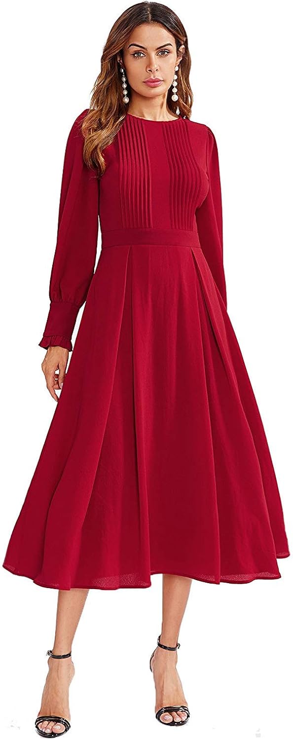 Milumia Women's Elegant Frilled Long Sleeve Pleated Fit and Flare Dress: Clothing