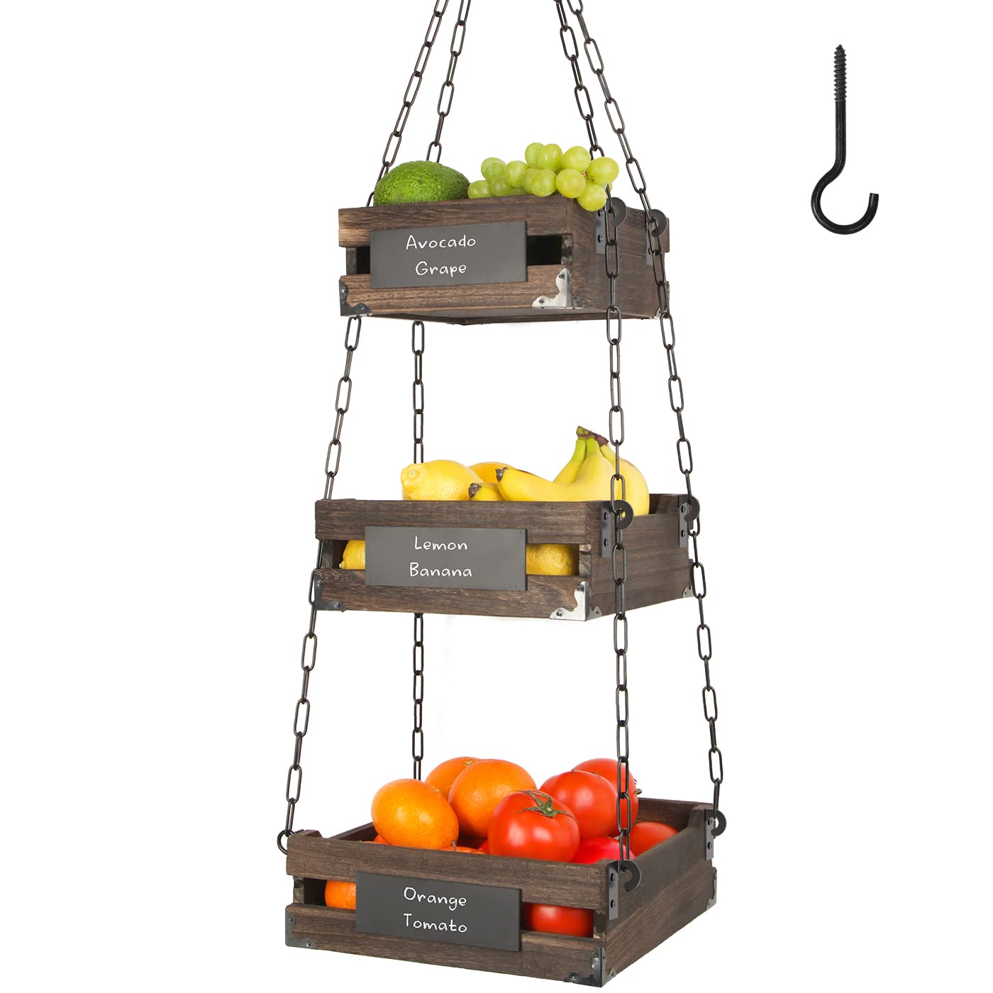 Photo 1 of J JACKCUBE DESIGN 3-Tier Rustic Wood Hanging Fruit Basket, Kitchen Fruit, Vegetable Storage Organizer, Countertop Space Saver- Heavy Duty Metal Hooks- MK1008A