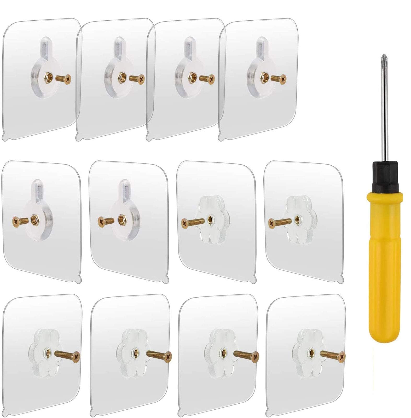 OOTSR 12-Set 70x70mm Detachable Adhesive Screws Wall Mount Stick-on Sticky Hanging Nails No-Trace No Drilling with Screwdriver for Bathroom Kitchen Storage Room Tile Wall Shower Room