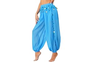 YOOJOO Women's Belly Dance Costume Coin Lantern Pants Side Split Sequin Shiny Harem Pants Arabic Halloween Trousers