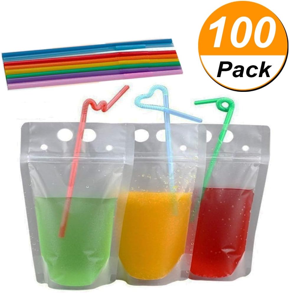 100pcs Clear Drink Pouches Bags Heavy Duty Hand-held Translucent Reclosable Zipper Stand-up Plastic Pouches Bags 1.5" Bottom Gusset with Plastic Straws