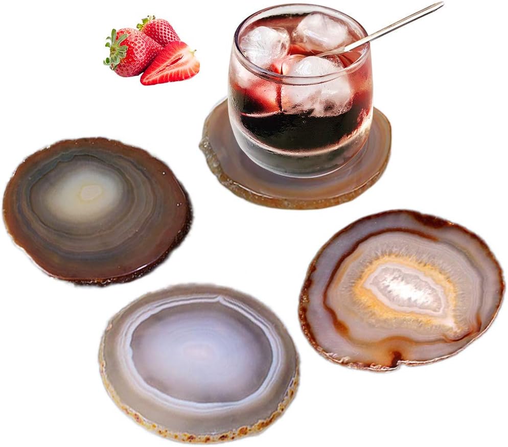 AMOYSTONE Drink Coaster Agate Cup Mat Stone Coaster Set of 4 Housewarming Gift Nature Borwn 3-3.5"