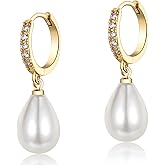CERSLIMO Pearl Drop Earrings for Women | S925 Sterling Silver Post Simulated Shell Pearl Hoop Dangle Earrings, Hypoallergenic Cubic Zirconia Huggies Earrings Bridesmaid Jewelry