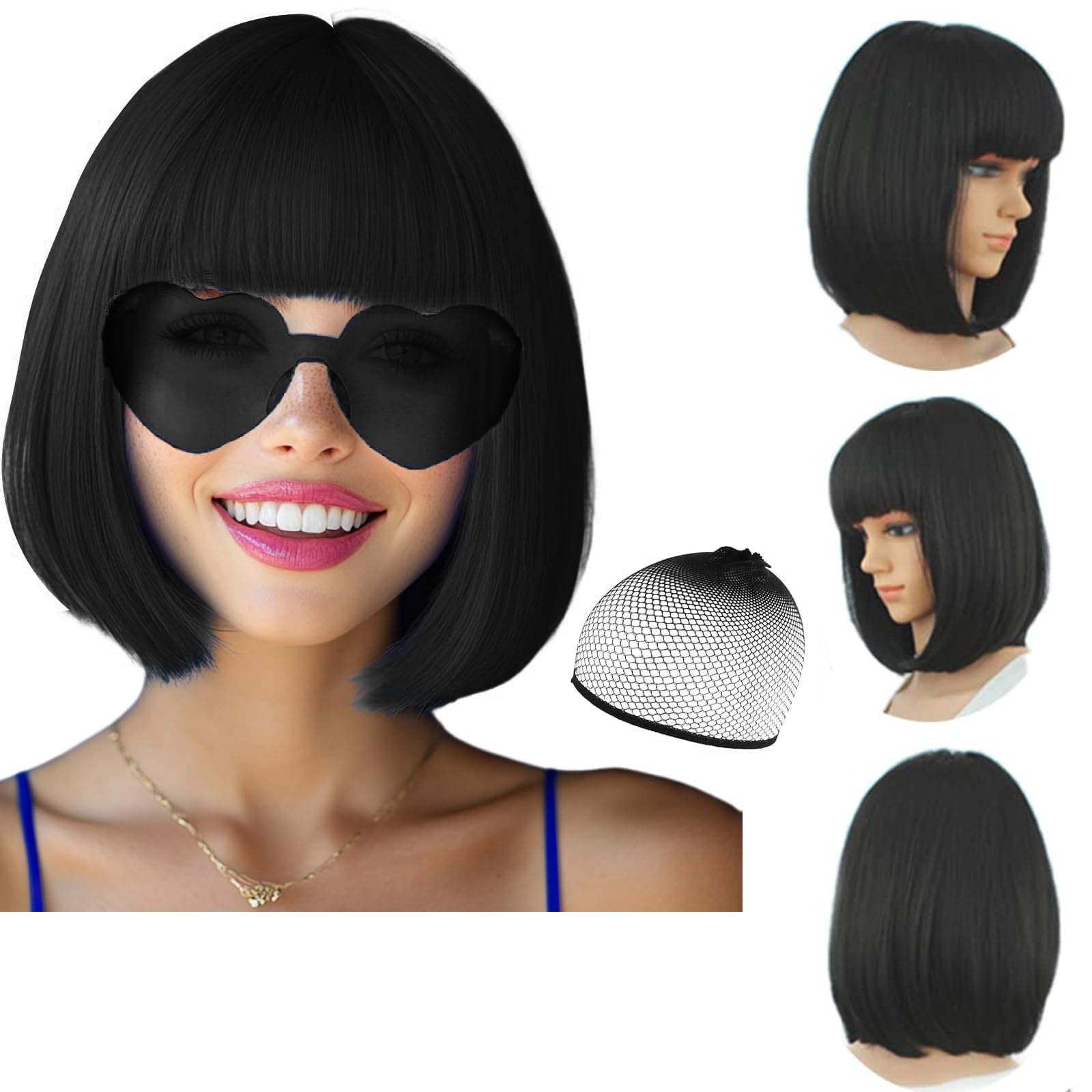 Party Wigs Wig Cap and Sunglass Set,Short Bob Hair Wigs Straight with Flat Bangs Synthetic Colorful Cosplay Daily Party Neon Wig for Women (Dark Black)