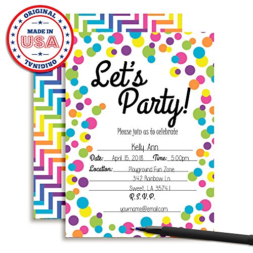 Amanda-Creation-Rainbow-Polka-Dot-Lets-Party-Birthday-Party-Fill-in-Style-Invitations-Set-of-20-Including-envelopes