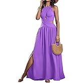 CHICME Women's Sleeveless Halter Neck Dress Criss Cross Tie Back Split High Maxi Dress