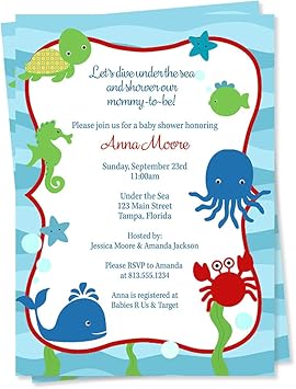 Amazon Com Under The Sea Baby Shower Invitations Unisex Red Blue Whale Crab Fish Octopus Seahorse Turtle Fish Starfish Underwater Life Bubble Nautical Custom Printed Invites Customized Personalized 12 Count Office Products