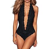 AIBINGGE Women's Black Lace Teddy Lingerie Halter Deep V Neck Backless Bodysuit - Sexy Intimate Wear for Special Nights