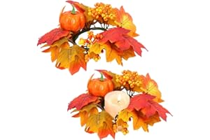 AUOCATTAIL Thanksgiving Candle Rings Wreaths Fall Maple Leaves Pumpkin Berries for Autumn Harvest Party Halloween Centerpiece Table Decoration Supplies