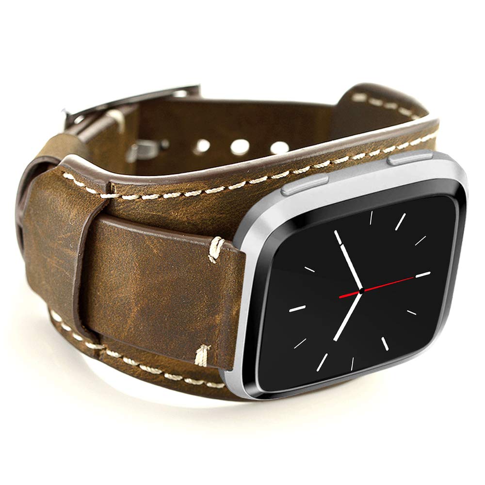 CooBES Compatible with Fitbit Versa 2 Straps, Genuine Leather Cuff Bracelet Replacement Band with Stainless Steel Buckle Compatible Fitbit Versa/Versa 2/Versa Lite/Versa SE (Coffe)