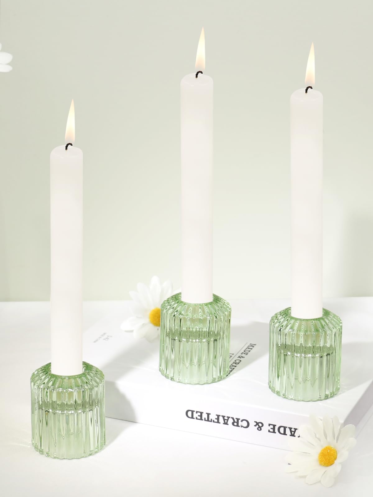 HofferRuffer Candlestick Holders Set of 3 Glass Candle Holders for Taper Candles & Tealight,Home Decor,Table Centerpiece,Wedding,Thanksgiving,ChristmasCandles Green