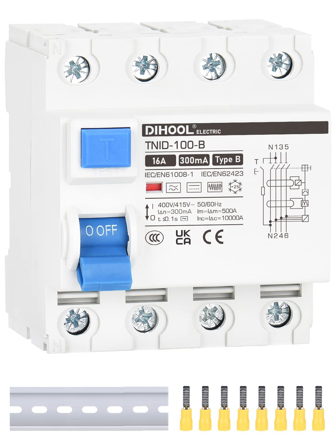 DIHOOL RCD Type B Residual Current Circuit Breaker DIN Rail 4-pole 16A 300mA
