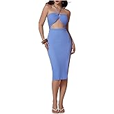 Milumia Women's Cut Out Sleeveless Halter Dress Ribbed Knit Split Thigh Midi Sweater Dresses