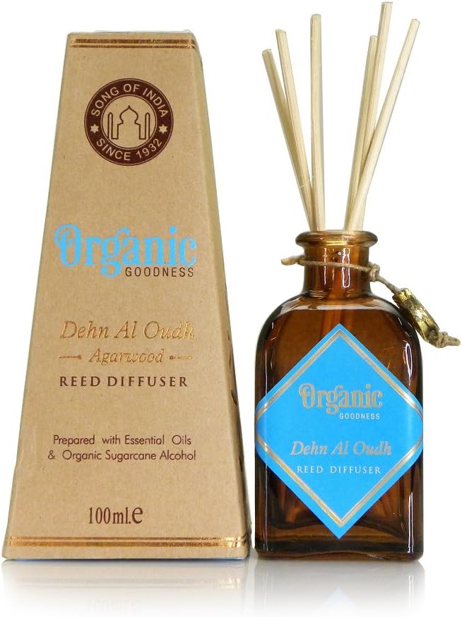 Song of India Organic Goodness Reed Diffuser in Amber Coloured Glass Jar with 6 Sticks for Home Fragrance (Dehn Al Oudh/Oud)